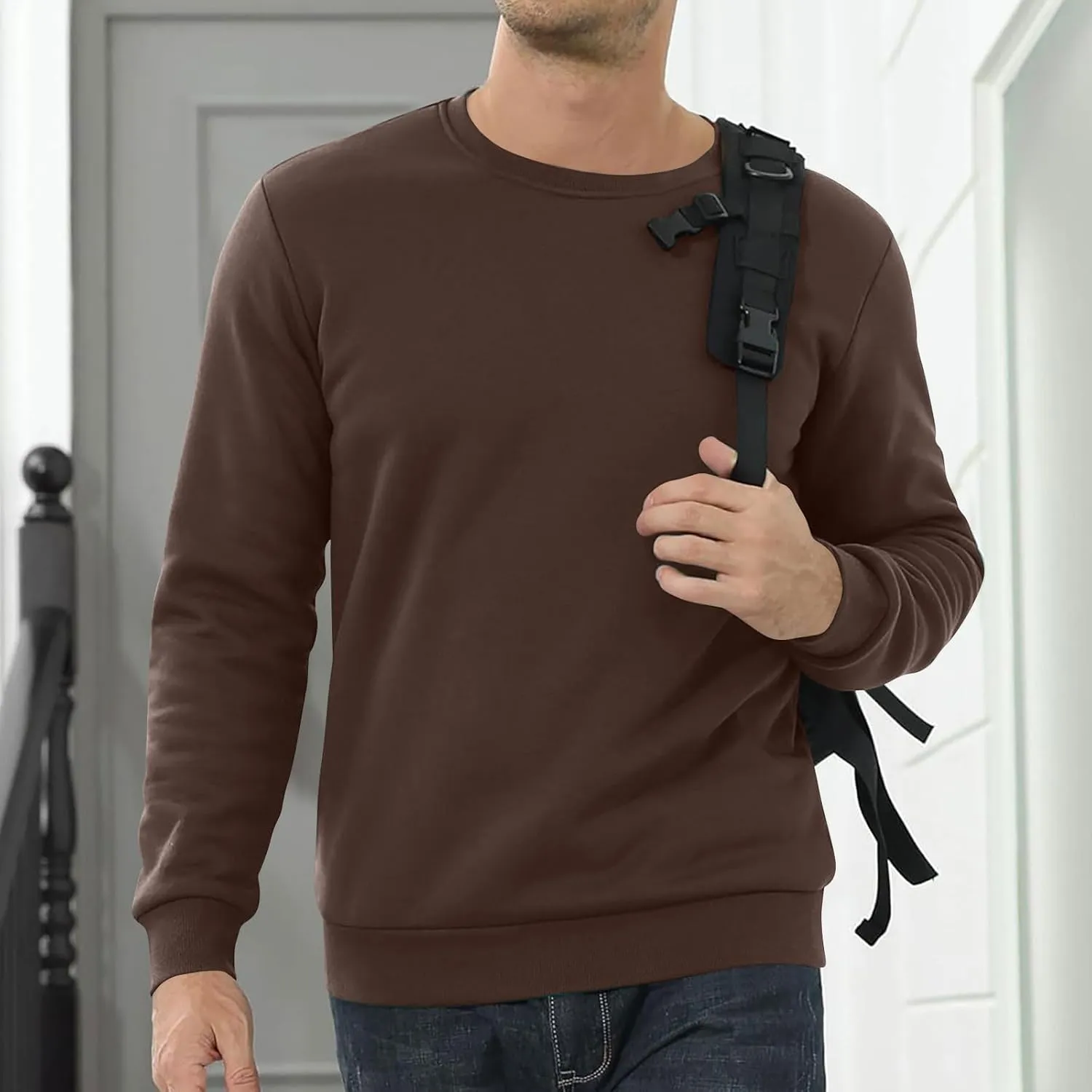 Men's Crewneck Warm Sherpa Lined Sweatshirts Basic Winter Fleece Thick Pullover Tops