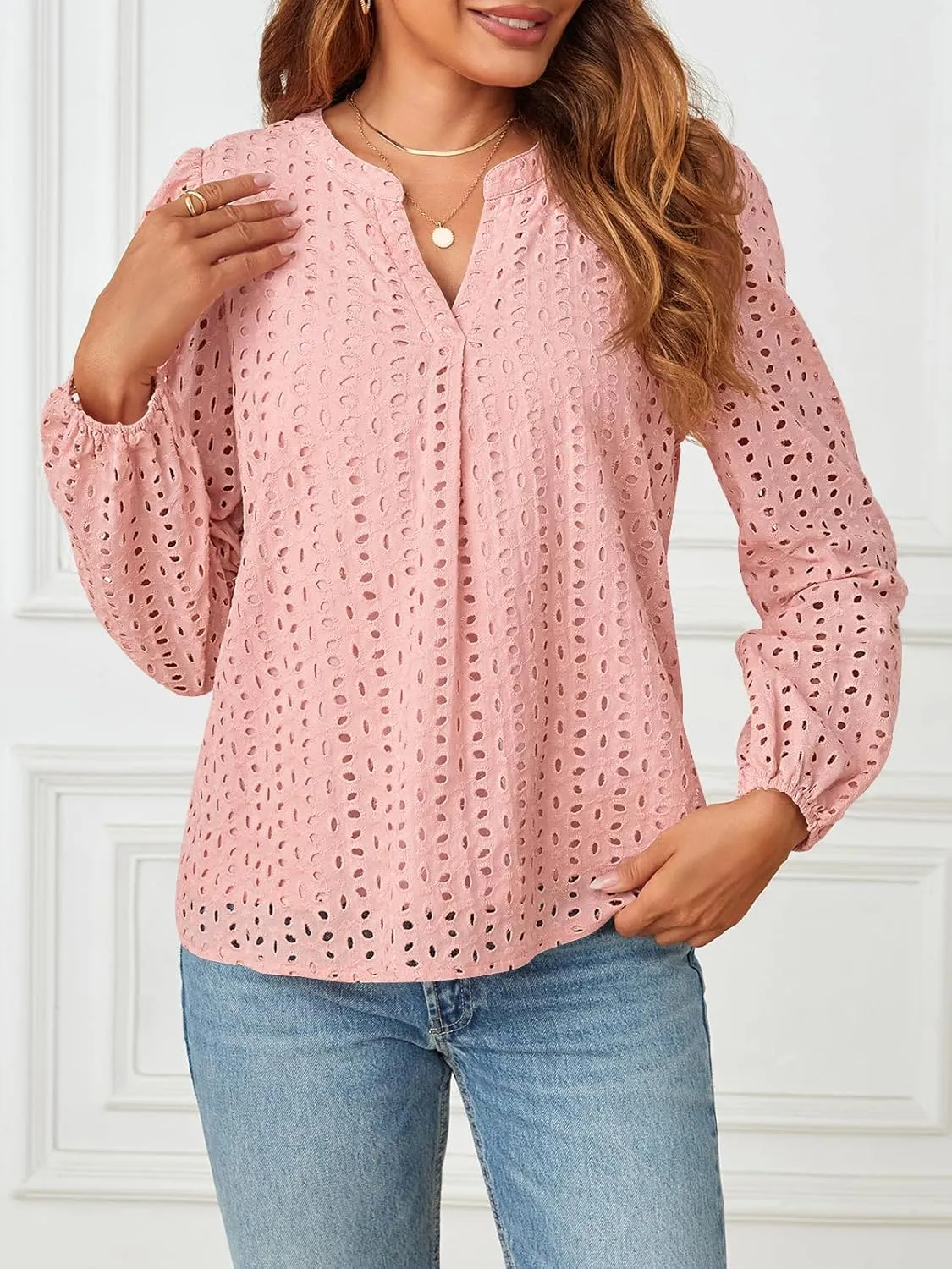MEROKEETY Women's Hollow Out Lace Blouse Eyelet Embroidery Puff Long Sleeve V Neck Fall Boho Top Shirts