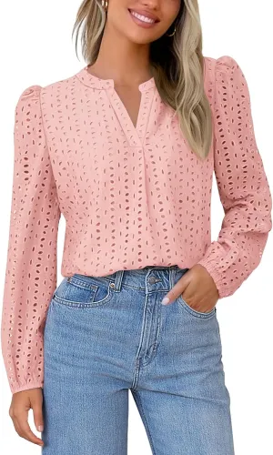 MEROKEETY Women's Hollow Out Lace Blouse Eyelet Embroidery Puff Long Sleeve V Neck Fall Boho Top Shirts