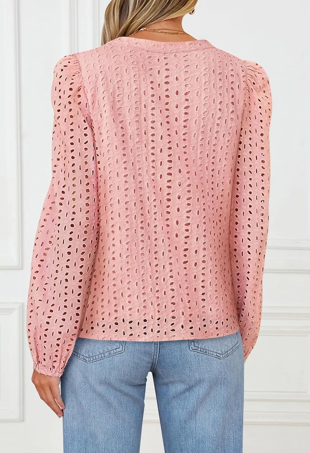 MEROKEETY Women's Hollow Out Lace Blouse Eyelet Embroidery Puff Long Sleeve V Neck Fall Boho Top Shirts
