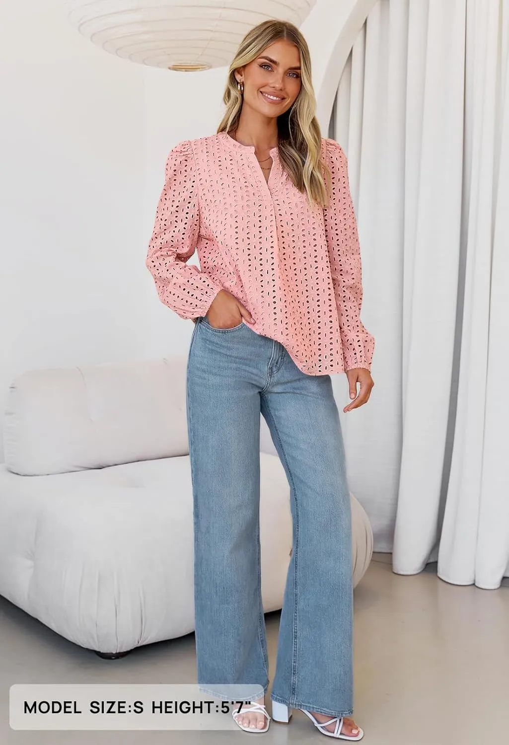 MEROKEETY Women's Hollow Out Lace Blouse Eyelet Embroidery Puff Long Sleeve V Neck Fall Boho Top Shirts