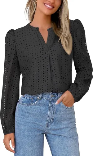 MEROKEETY Women's Hollow Out Lace Blouse Eyelet Embroidery Puff Long Sleeve V Neck Fall Boho Top Shirts