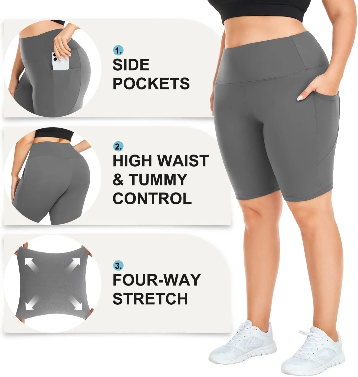 MOREFEEL Plus Size 8" Biker Shorts with Pockets for Women  High Waisted Tummy Control Black Yoga Shorts (XL-4XL)