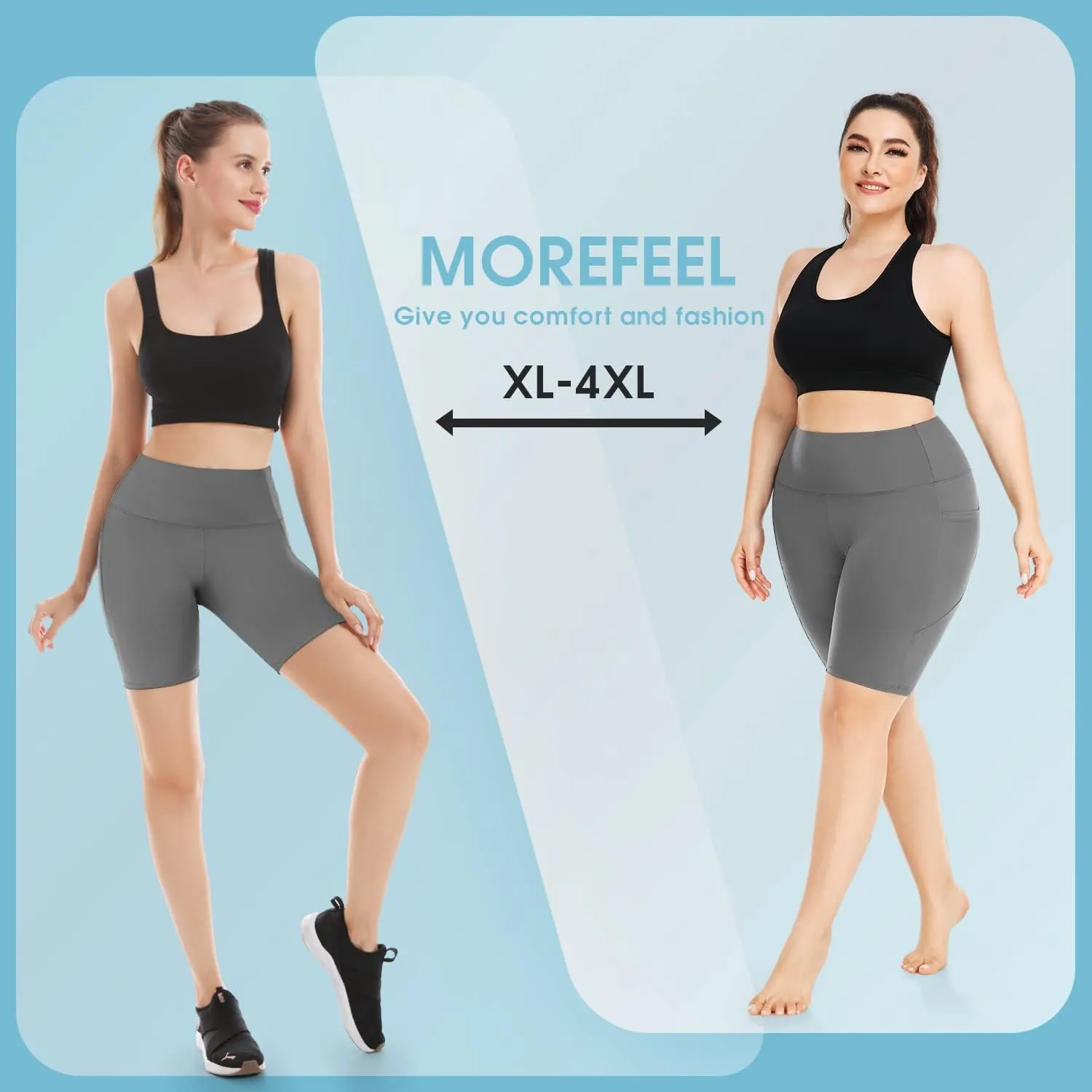 MOREFEEL Plus Size 8" Biker Shorts with Pockets for Women  High Waisted Tummy Control Black Yoga Shorts (XL-4XL)