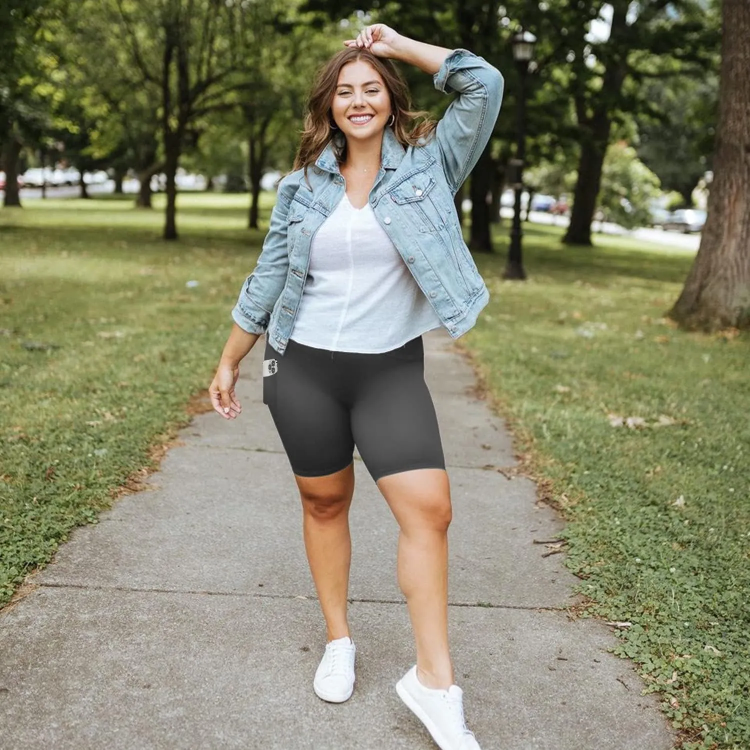 MOREFEEL Plus Size 8" Biker Shorts with Pockets for Women  High Waisted Tummy Control Black Yoga Shorts (XL-4XL)