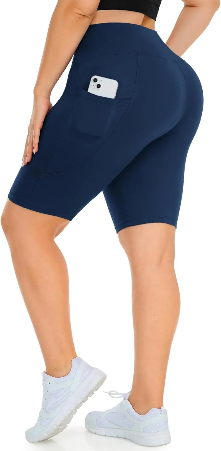 MOREFEEL Plus Size 8" Biker Shorts with Pockets for Women  High Waisted Tummy Control Black Yoga Shorts (XL-4XL)