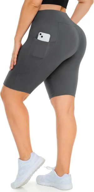 MOREFEEL Plus Size 8" Biker Shorts with Pockets for Women  High Waisted Tummy Control Black Yoga Shorts (XL-4XL)