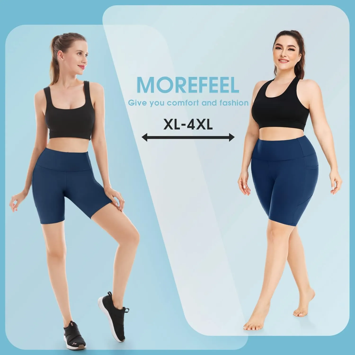 MOREFEEL Plus Size 8" Biker Shorts with Pockets for Women  High Waisted Tummy Control Black Yoga Shorts (XL-4XL)