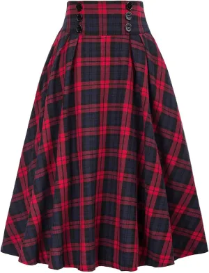 Pencil Skirts for Women Knee Length Plus Size Women Fashion Casual Plaid SkirtWith Pockets Vintage High Waist