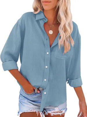 siliteelon Womens Button Down Shirts Cotton Dress Shirts Long Sleeve Blouses V Neck Solid Casual Tunics Tops with Pockets - Denim Blue M