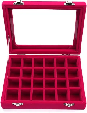 Sky Piea 24 Grid Velvet Glass Jewelry Box Jewellery Organiser Earring Ring Storage Holder Case Box (Rose Red)