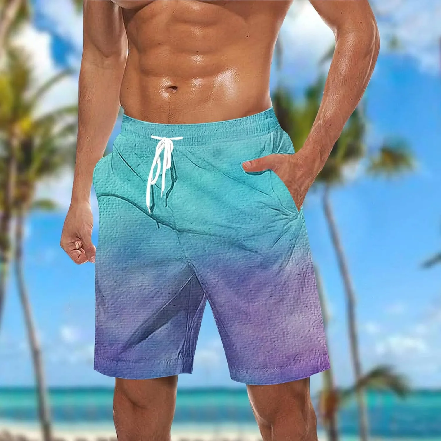 Summer Shorts for Men Gradient Lightweight Quick Dry Short Pants Hawaiian Beach Casual Crop Trouser with Pockets