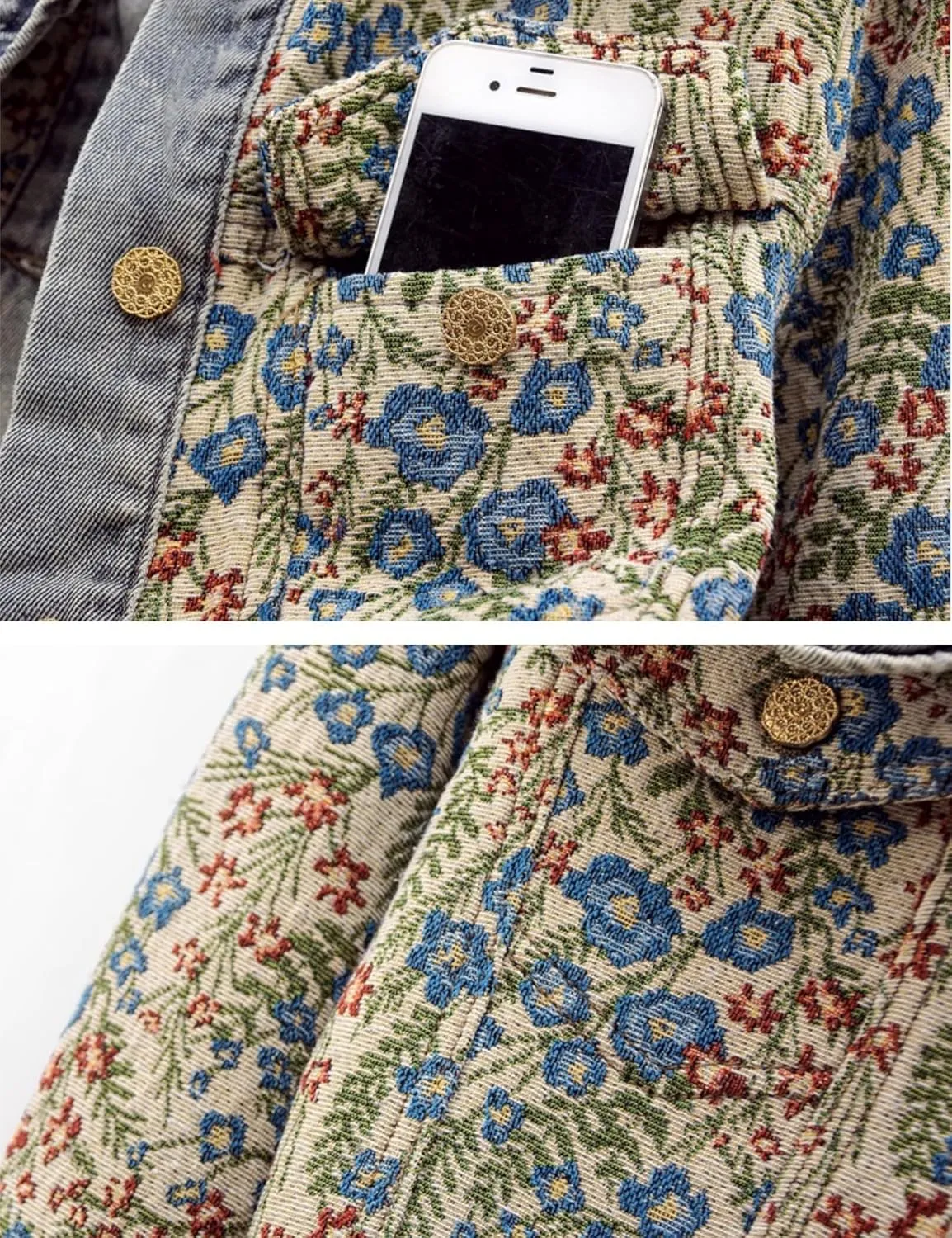 Vintage Floral Denim Jacket Peter Pan Collar Long Sleeve Blue Flower Pattern Button Front Jean Jacket Coat