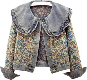 Vintage Floral Denim Jacket Peter Pan Collar Long Sleeve Blue Flower Pattern Button Front Jean Jacket Coat