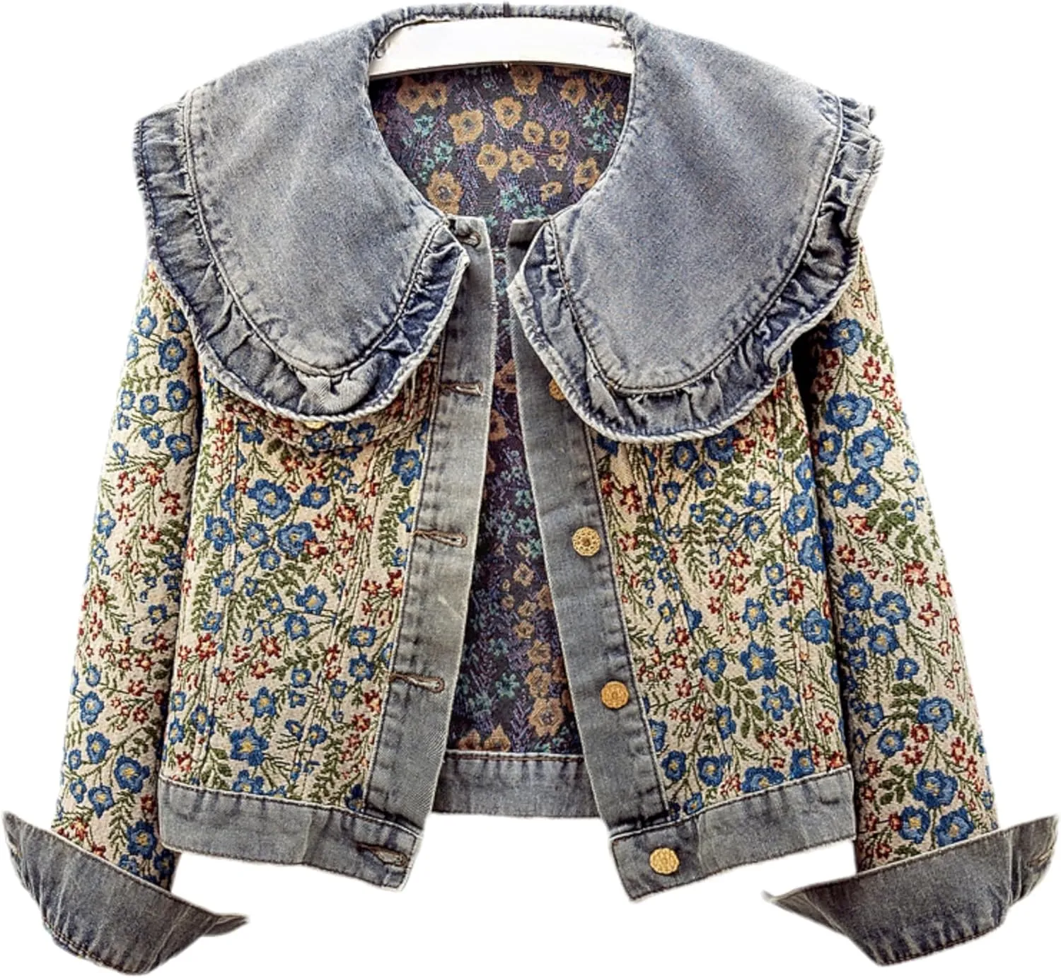 Vintage Floral Denim Jacket Peter Pan Collar Long Sleeve Blue Flower Pattern Button Front Jean Jacket Coat