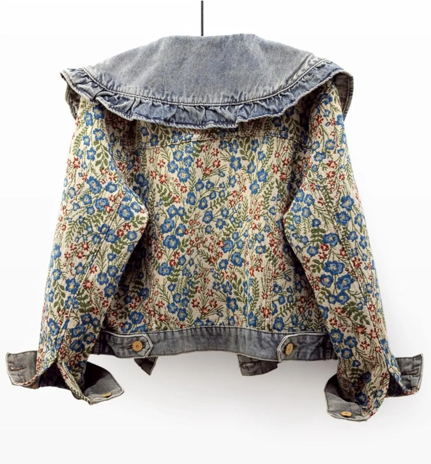 Vintage Floral Denim Jacket Peter Pan Collar Long Sleeve Blue Flower Pattern Button Front Jean Jacket Coat