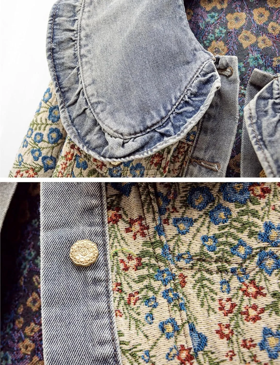 Vintage Floral Denim Jacket Peter Pan Collar Long Sleeve Blue Flower Pattern Button Front Jean Jacket Coat