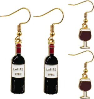 Wine Bottle Dangle Drop Earrings - 2 Pairs Unique Enamel Alloy Red Wine Glass Earrings,Fun Novelty Creative Earring,Asymmetric Dangle Earring Women Jewelry Gift
