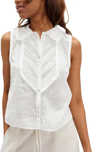 Women Button Down Ruffle Trim Lace Tank Top Sleeveless Peter Pan Collar Shirts Open Front Boho Sheer Blouse Tops