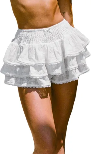 Women Y2k Layered Ruffle Mini Skirts High Waist Floral Shirred Ruffle Hem Short Skirt Shorts Pleated Skirt