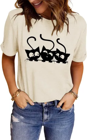Women's Funny Cat Printed T-Shirts Short Sleeve Cute Graphic Tee Shirts Casual Tops Blouse