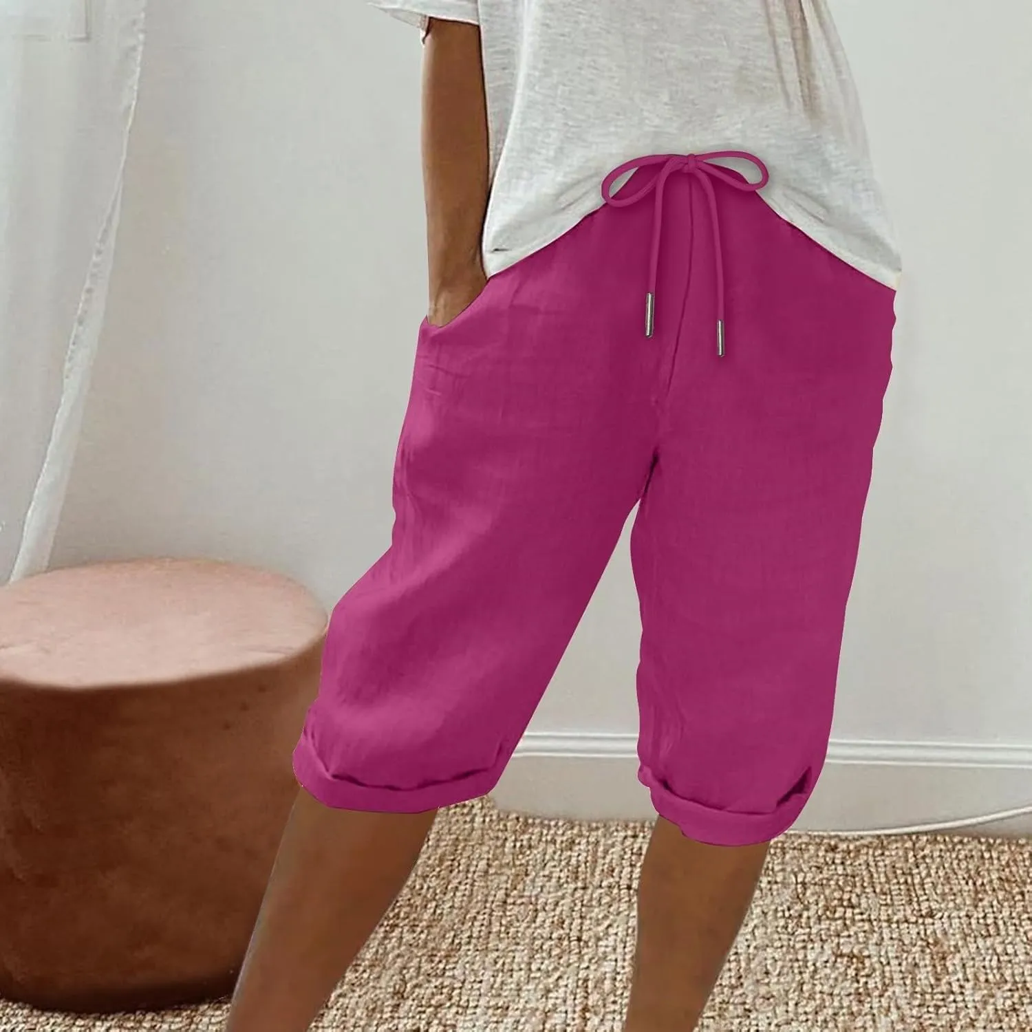 Womens Knee Length Shorts Linen Beach Capri Shorts with Pockets Summer Casual Elastic Wiast Drawstring Bermuda Pants