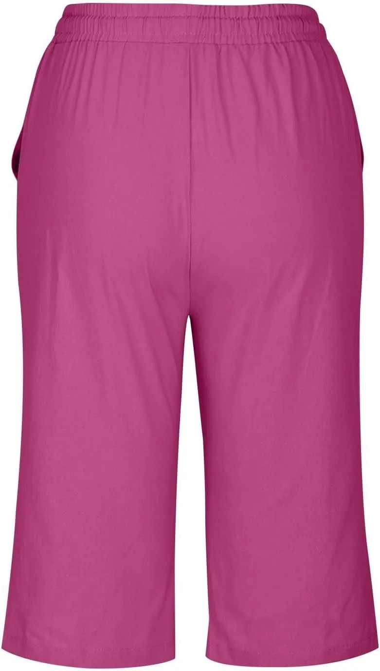 Womens Knee Length Shorts Linen Beach Capri Shorts with Pockets Summer Casual Elastic Wiast Drawstring Bermuda Pants