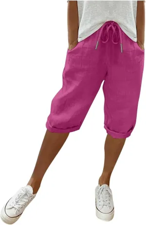 Womens Knee Length Shorts Linen Beach Capri Shorts with Pockets Summer Casual Elastic Wiast Drawstring Bermuda Pants