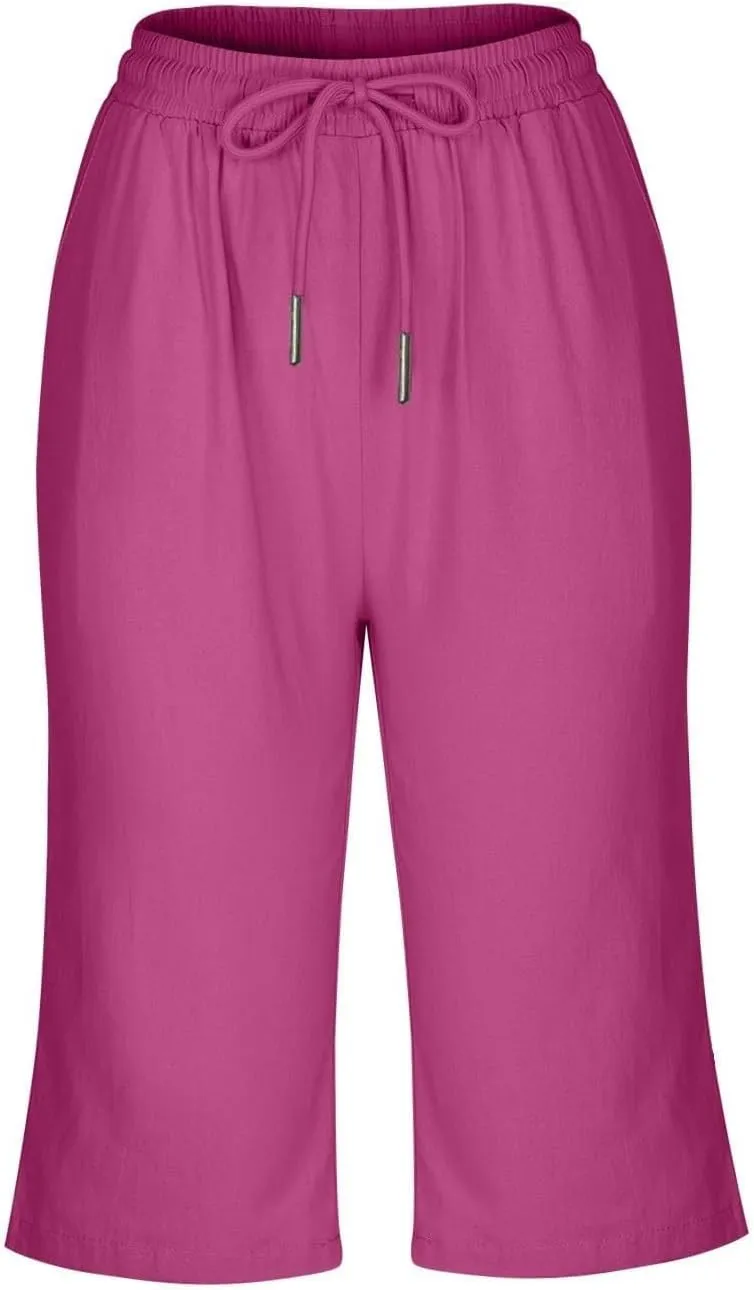 Womens Knee Length Shorts Linen Beach Capri Shorts with Pockets Summer Casual Elastic Wiast Drawstring Bermuda Pants