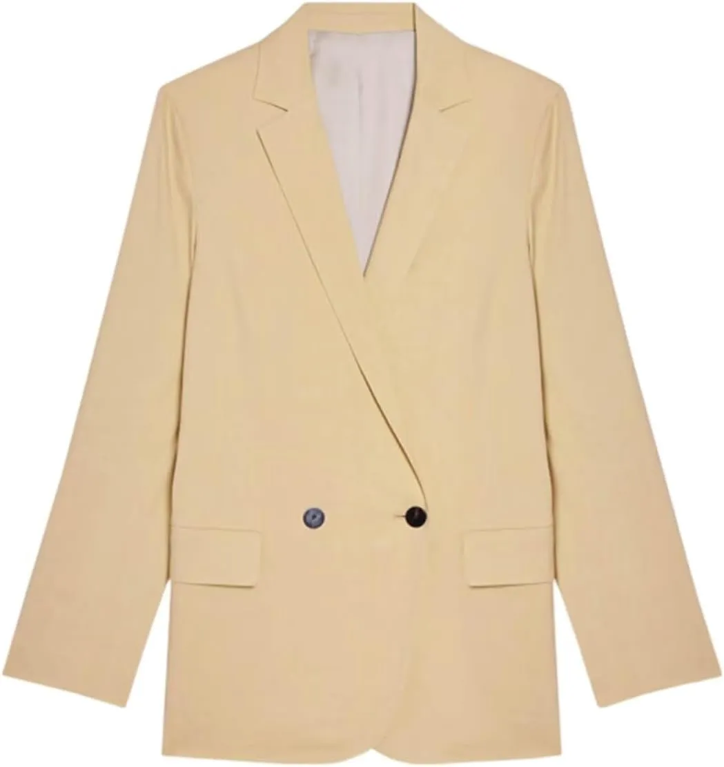 Women's Linen Blazer Notch Lapel Double Breasted Buttons Suit Coat Formal Daily