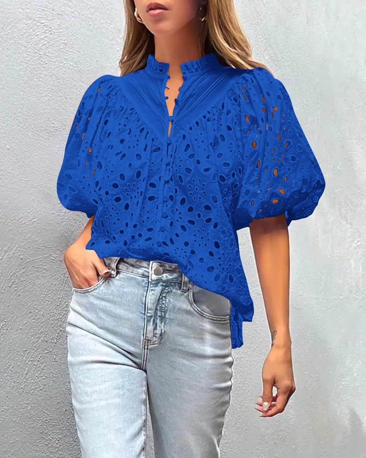 Women's Short Lantern Sleeve Hollow Out Lace Embroidered V Neck Blouses Shirts Casual Summer Tops