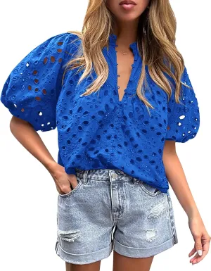 Women's Short Lantern Sleeve Hollow Out Lace Embroidered V Neck Blouses Shirts Casual Summer Tops