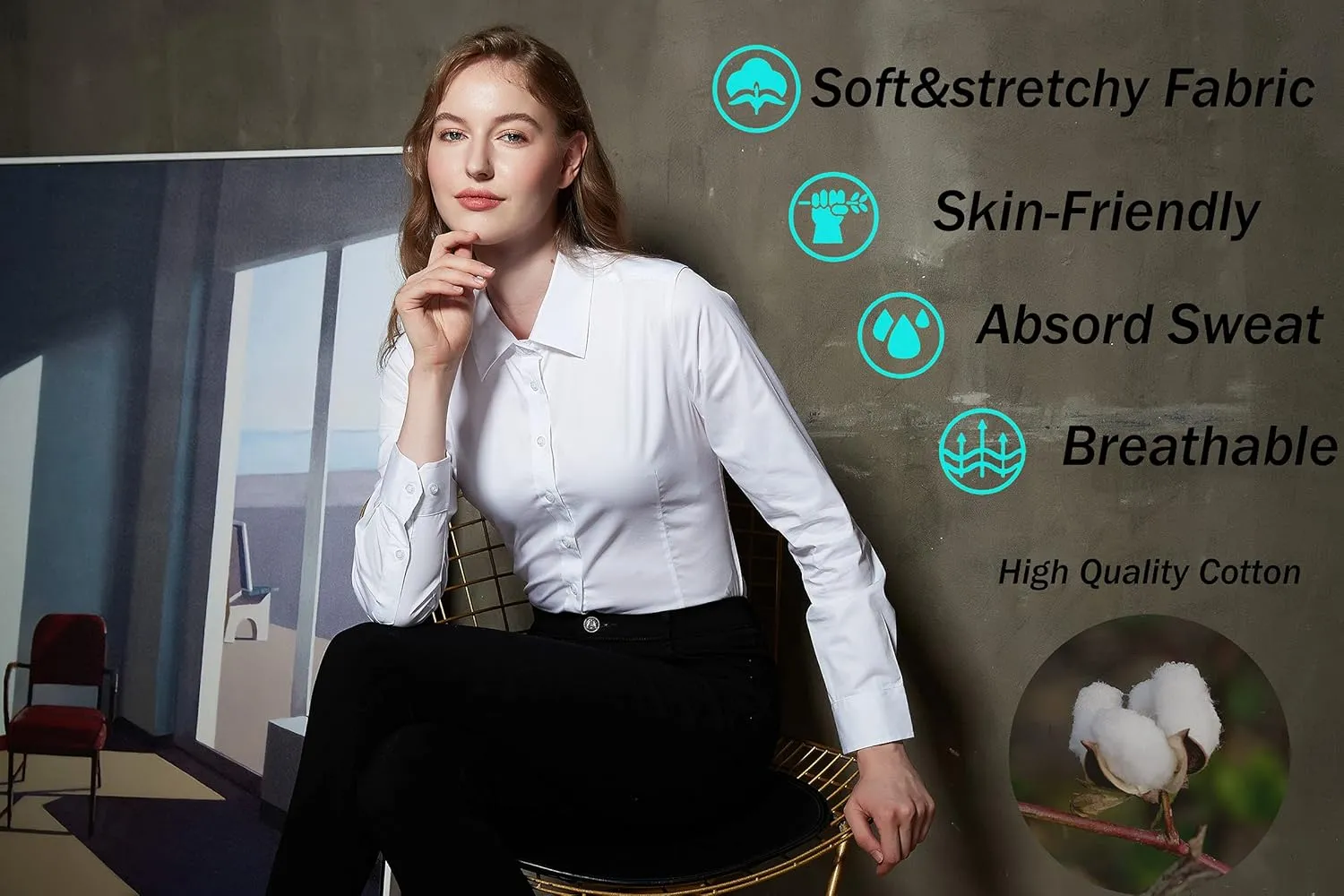 Women's Slim-Fit Button Down Shirts Stretchy Cotton Long Sleeve Work Blouse