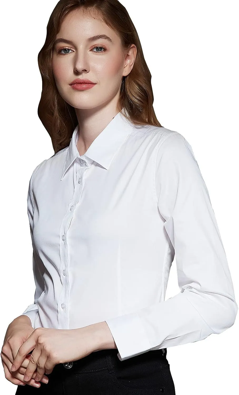 Women's Slim-Fit Button Down Shirts Stretchy Cotton Long Sleeve Work Blouse