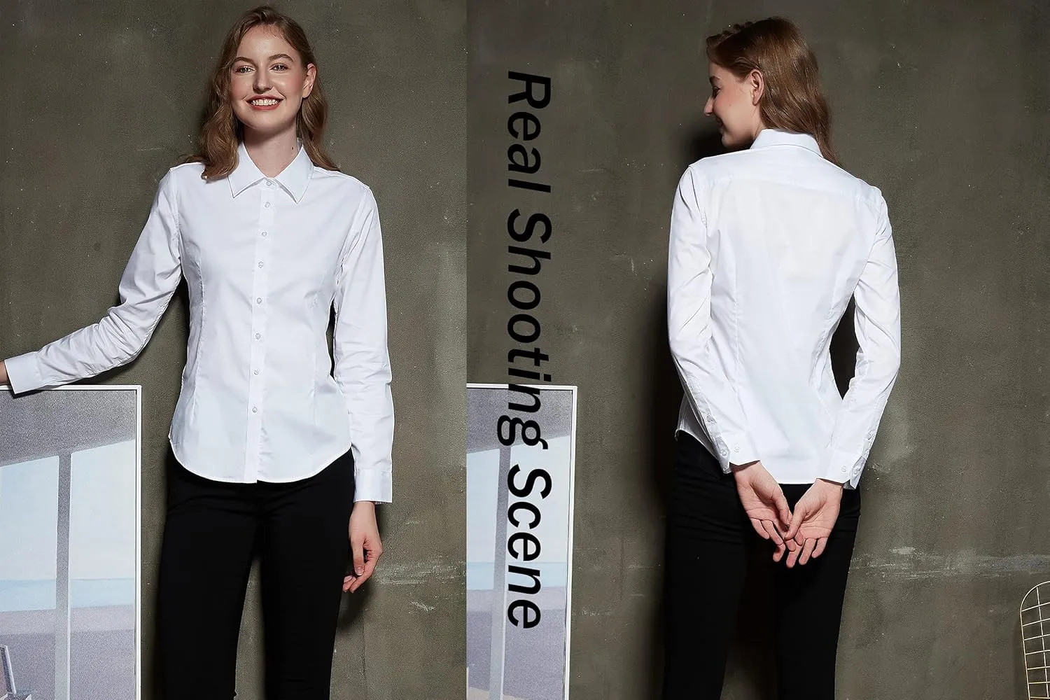 Women's Slim-Fit Button Down Shirts Stretchy Cotton Long Sleeve Work Blouse