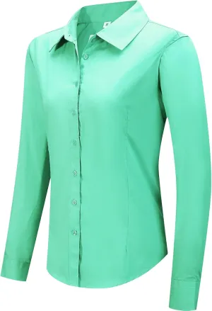 Women's Slim-Fit Button Down Shirts Stretchy Cotton Long Sleeve Work Blouse