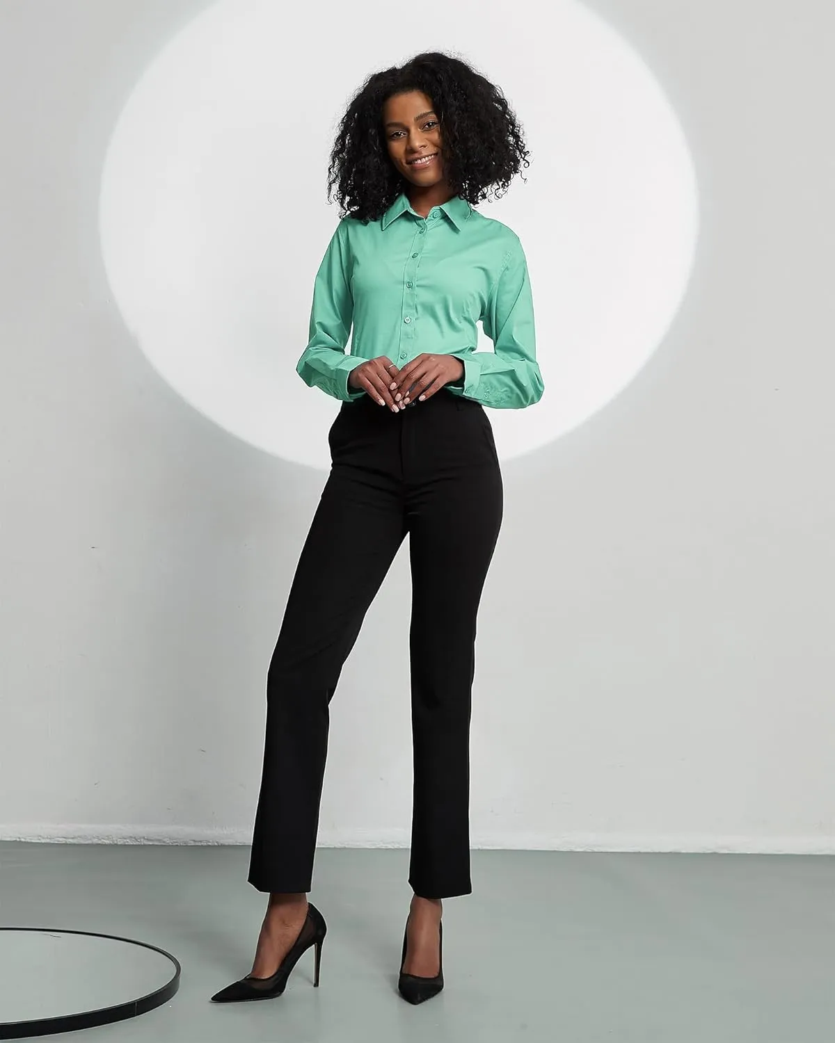 Women's Slim-Fit Button Down Shirts Stretchy Cotton Long Sleeve Work Blouse