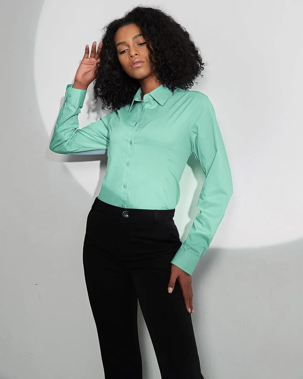 Women's Slim-Fit Button Down Shirts Stretchy Cotton Long Sleeve Work Blouse