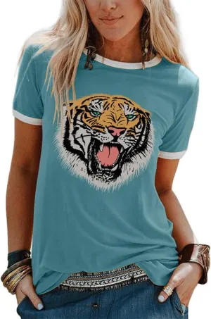 Womens Tiger Printed T-Shirt Funny Cute Animal Graphic Tees Summer Short Sleeve Loose Tee Tops
