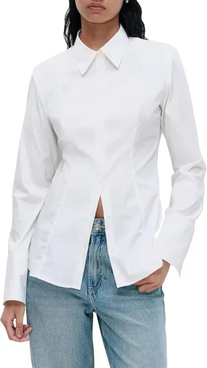 Womens White Dressy Casual Button Down Shirt Tapered Waist Slim Fit Top Long Sleeve Work Business Blouse