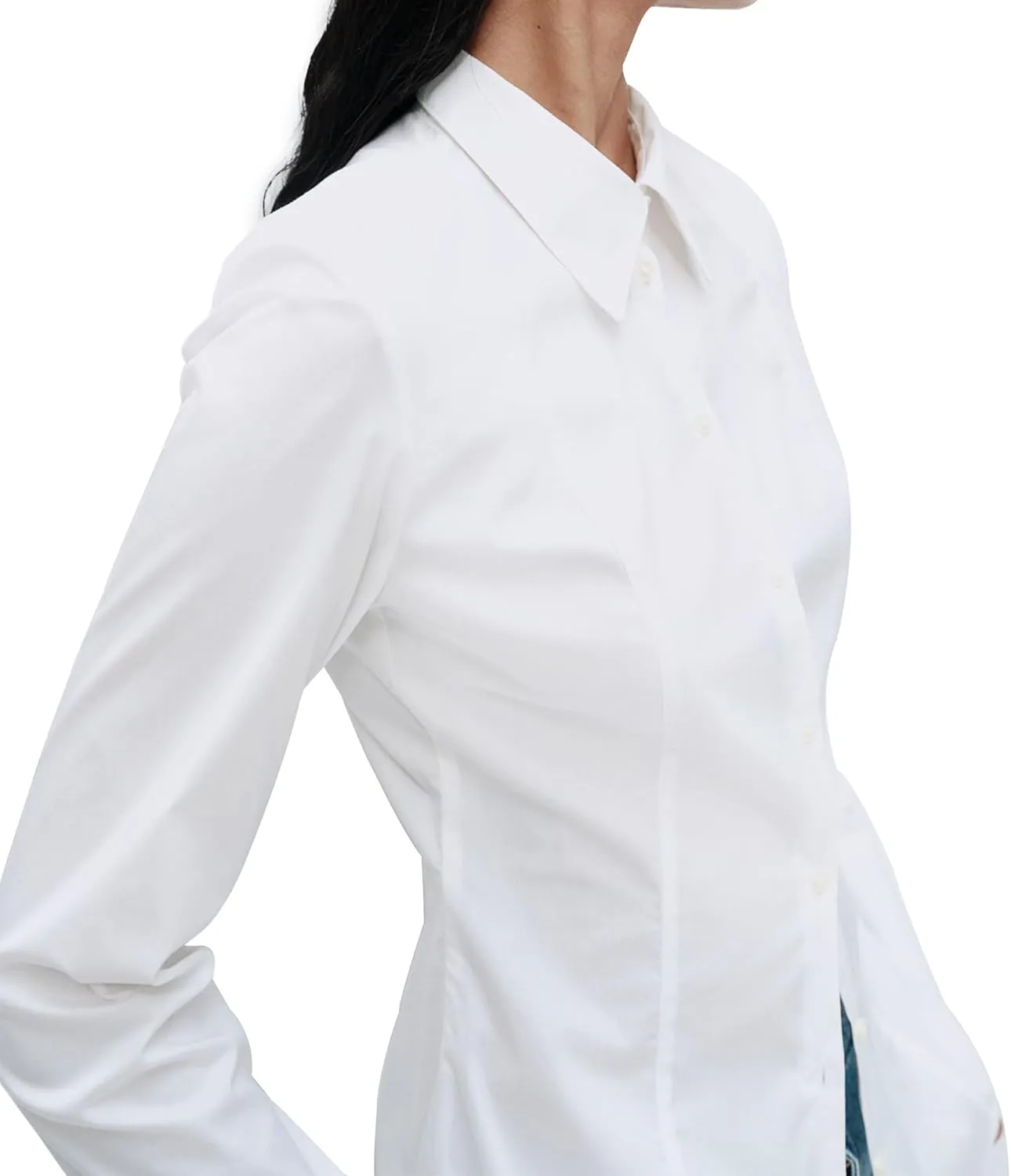 Womens White Dressy Casual Button Down Shirt Tapered Waist Slim Fit Top Long Sleeve Work Business Blouse