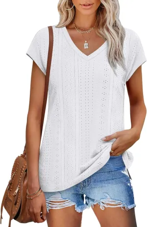 XIEERDUO Womens Tops V Neck Cap Sleeve Loose Fit Tee Shirts Summer Spring 2025 Eyelet/Printed