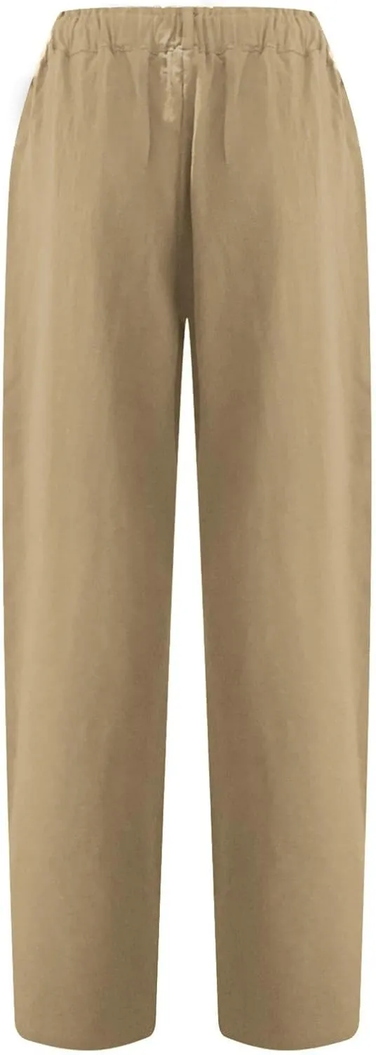 XUNRYAN Capri Pants Women Casual Summer Elastic High Waist Linen Pants Loose Wide Leg Cargo Pants Crop Trouser with Pockets