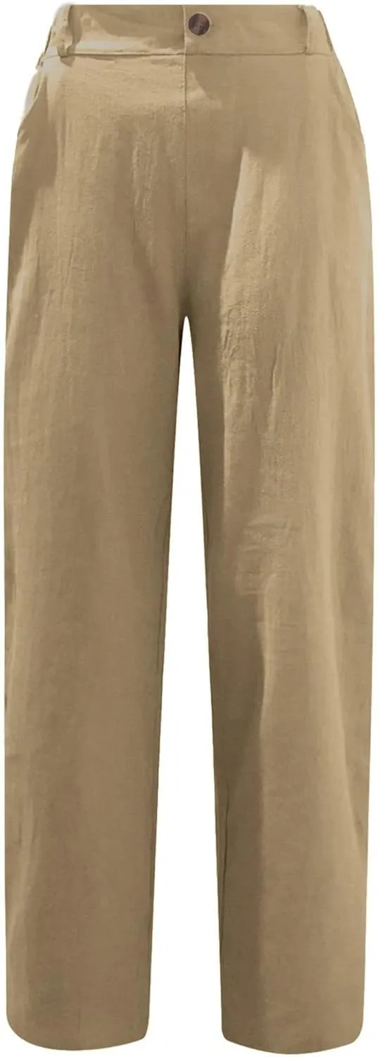 XUNRYAN Capri Pants Women Casual Summer Elastic High Waist Linen Pants Loose Wide Leg Cargo Pants Crop Trouser with Pockets