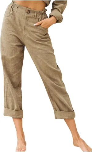 XUNRYAN Capri Pants Women Casual Summer Elastic High Waist Linen Pants Loose Wide Leg Cargo Pants Crop Trouser with Pockets